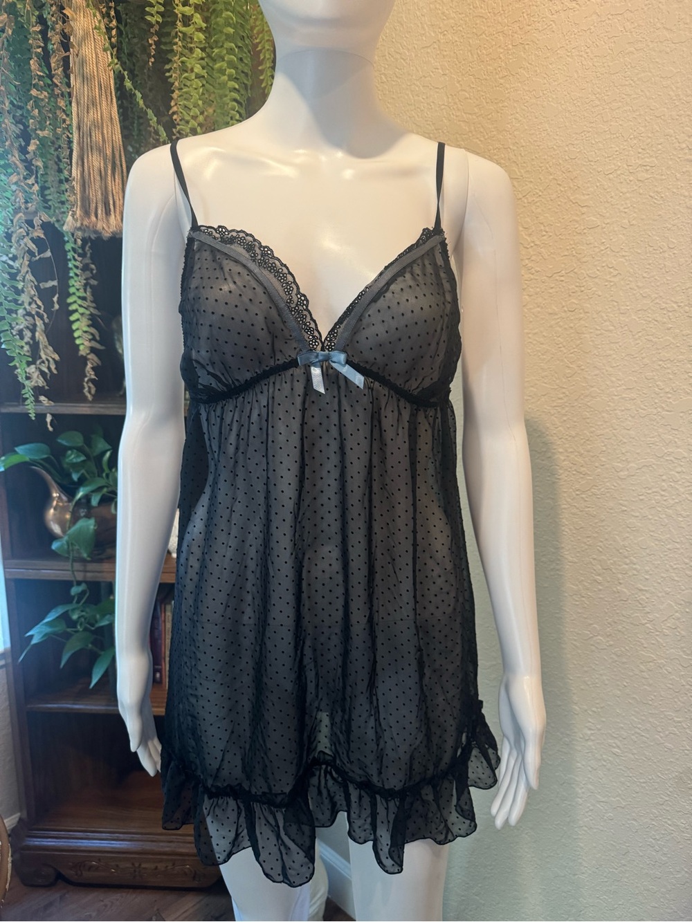 Sheer Black Polka Dot Babydoll Chemise with Lace Trim